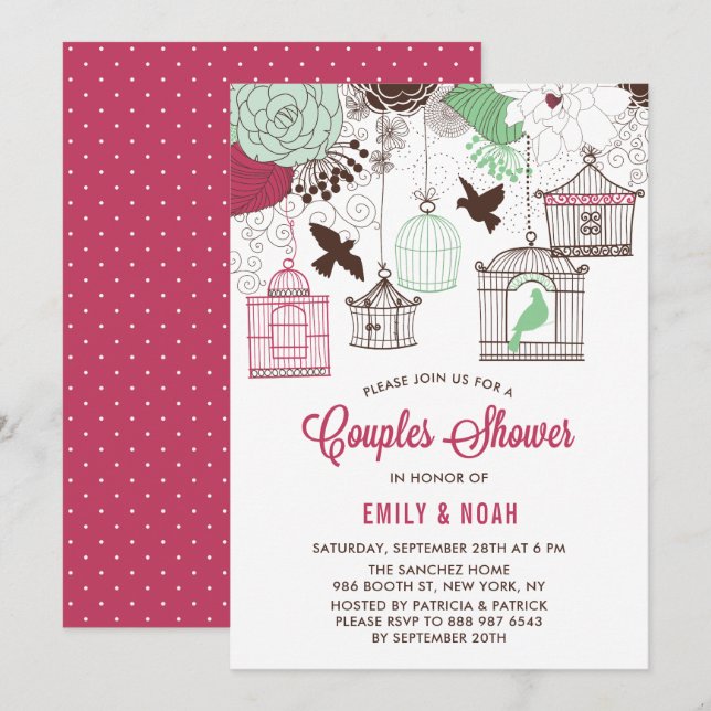 Red & Green Bird Cages Floral Couples Shower Invitation (Front/Back)