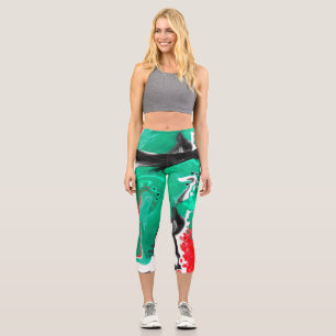 Red, Green, Black and White Marble Fluid Art Capri Leggings