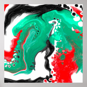 Red, Green, Black and White Marble Fluid Art Poster
