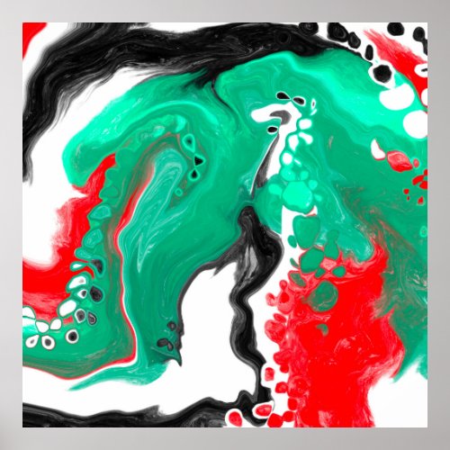 Red Green Black and White Marble Fluid Art    Poster