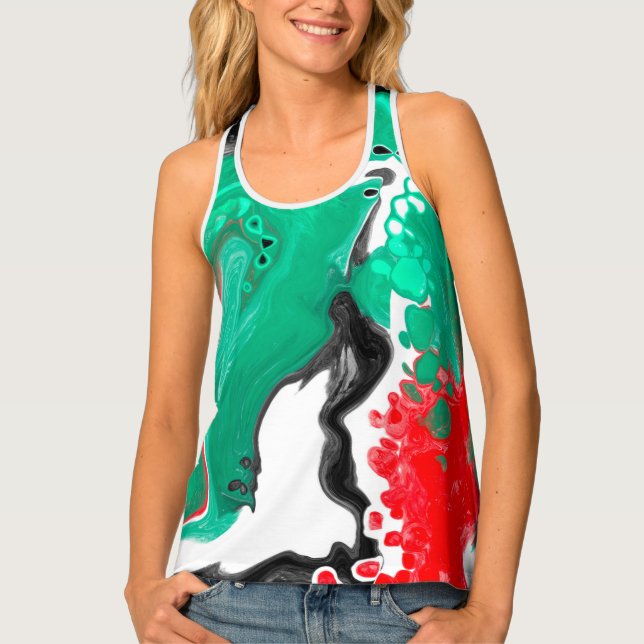 Red, Green, Black and White Marble Fluid Art   Tank Top (Front)