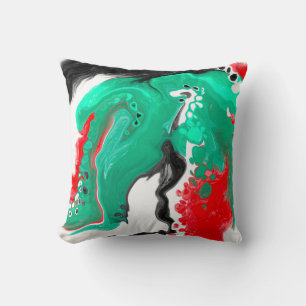 Red, Green, Black and White Marble Fluid Art Throw Pillow