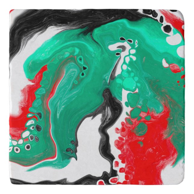 Red, Green, Black and White Marble Fluid Art    Trivet (Front)