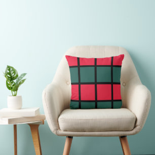Red Green Black Checkered Stripes Pattern Throw Pillow