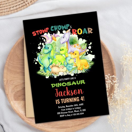 Red Green Black Dinosaur Birthday Invitations