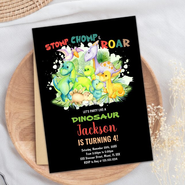 Red Green Black Dinosaur Birthday Invitations (Red Green Black Dinosaur Birthday Invitations)