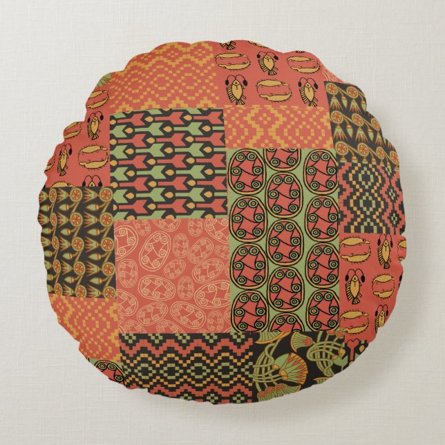 Red, Green, Black Egyptian Tribal Faux Patchwork Round Pillow (Front)