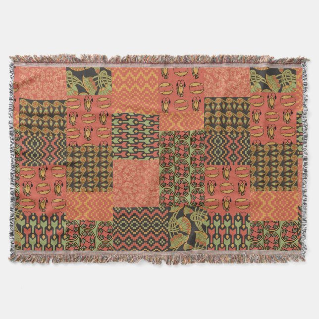 Red Green Black Egyptian Tribal Faux Patchwork Throw Blanket (Front)