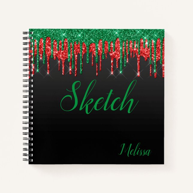 Red Green Black Glitter Monogram Sketchbook Notebo Notebook (Front)
