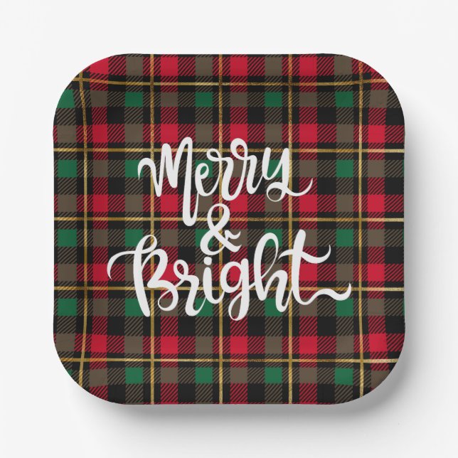 Red, Green, Black & Gold Christmas Plaid Paper Plates (Front)