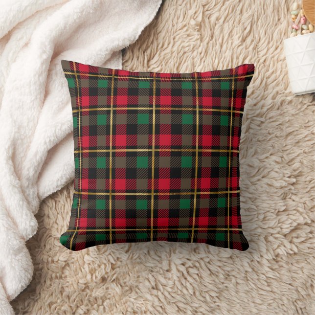 Red, Green, Black & Gold Christmas Plaid Throw Pillow (Blanket)