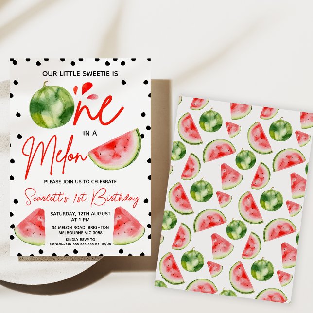 Red Green Black Modern One In A Melon 1st Birthday Invitation (Girls One In A Melon 1st Birthday Invitations, Watermelon invite, Red Melon 1st Birthday Invitations)