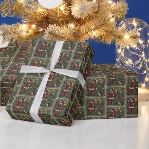 Red & Green Black Santa in Nature Winter Woodland Wrapping Paper
