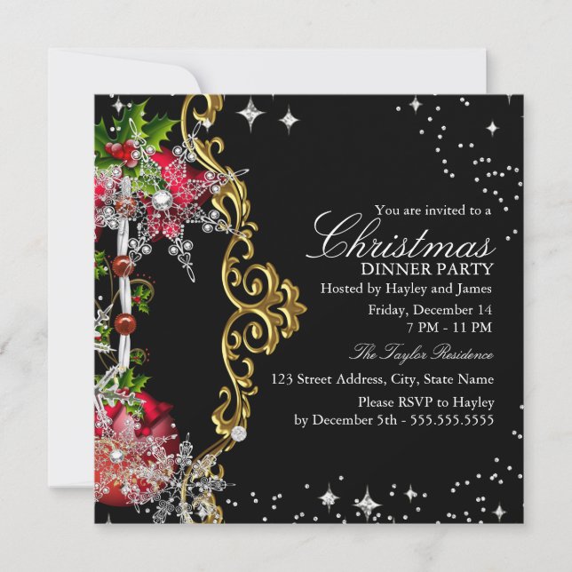 Red green Black Snowflake Christmas Dinner Party Invitation (Front)