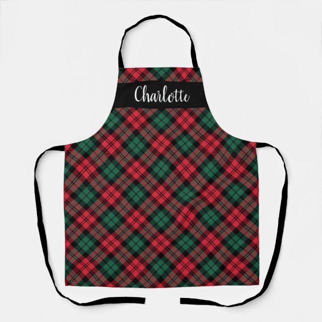 Red Green Black Watch Plaid Personalized Holiday Apron (Front)