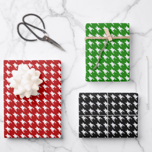 Red, Green & Black White Houndstooth Wrapping Paper Sheets