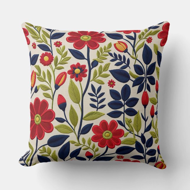 Red, green, blue and white floral throw pillow (Front)