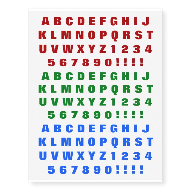 Red, Green, Blue Bold Alphabet Characters Temporary Tattoos (Front)