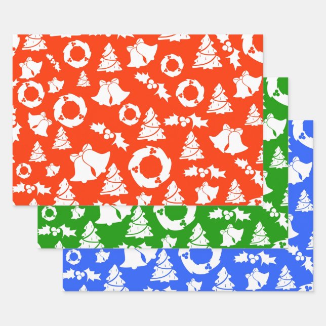 Red, Green & Blue Christmas Pattern Wrapping Paper Sheets (Set)