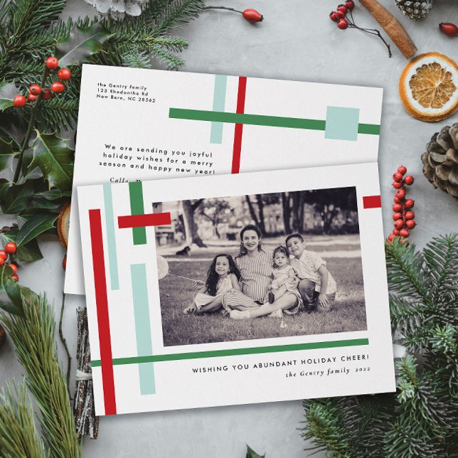 Red Green Blue Color Strips Modern Holiday Postcard (modern style Christmas holiday postcard photo card with printed return address and custom message)