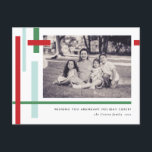 Red Green Blue Color Strips Modern Holiday Postcard<br><div class="desc">Sleek and modern, this Christmas holiday postcard gives art museum vibes with an artful arrangement of red, green and light blue strips of color to frame your landscape format photograph. Easy to edit text adds to the minimalist look with a longer block of text and return address on the back...</div>