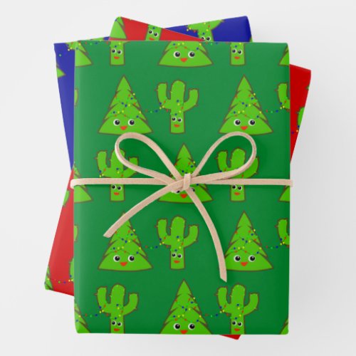 Red Green Blue Cute Tree Cactus Funny Christmas Wrapping Paper Sheets