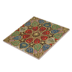 Red Green Blue Faux Gold Arabic Art Pattern Ceramic Tile