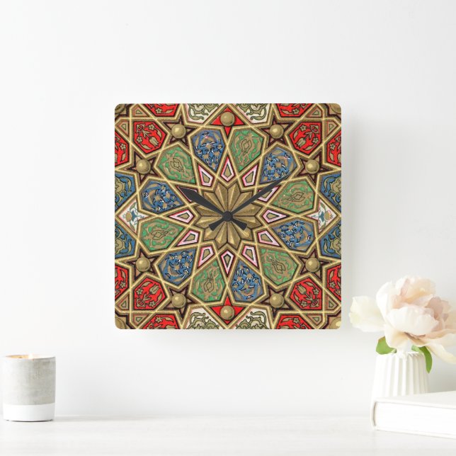 Red Green Blue Faux Gold Arabic Art Pattern Square Wall Clock (Home)