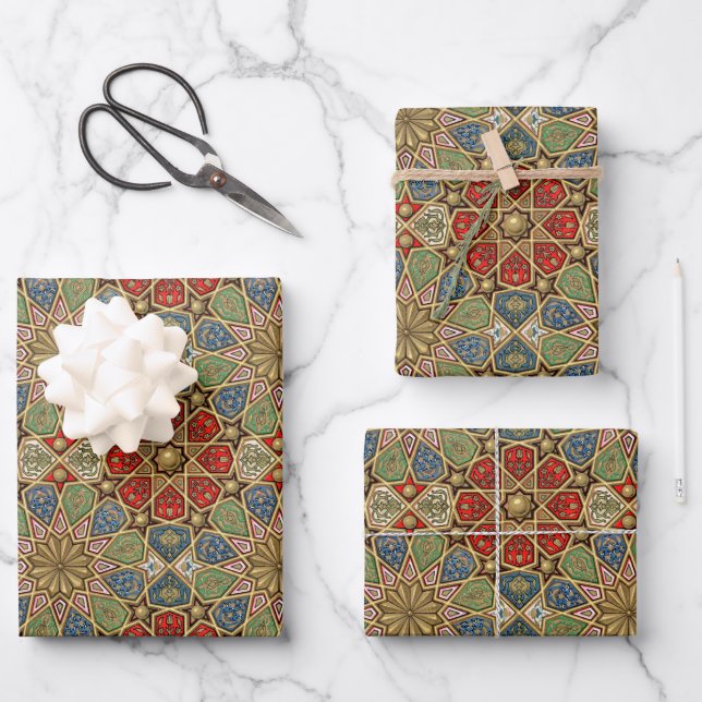 Red Green Blue Faux Gold Arabic Art Pattern Wrapping Paper Sheets (Front)