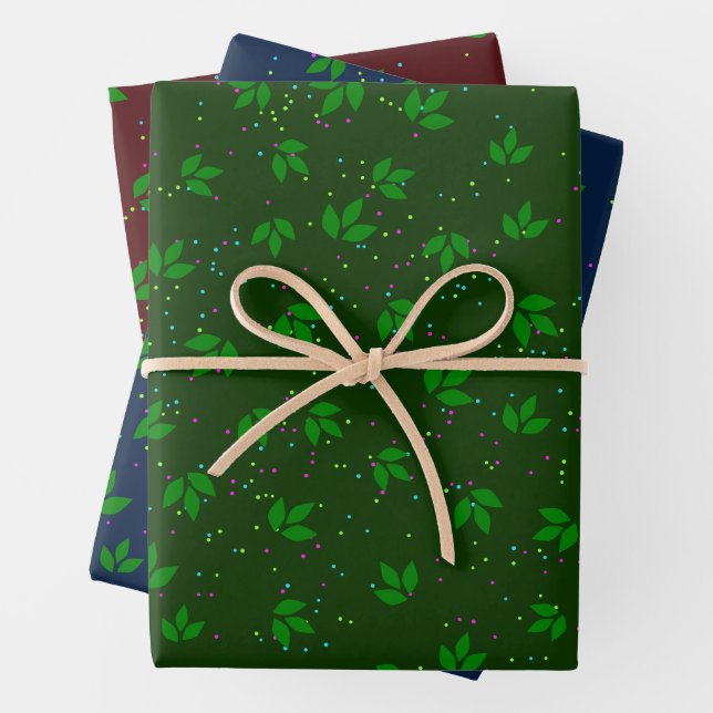 Red Green Blue Festive Seasonal Leaf Pattern Wrapping Paper Sheets (In situ)