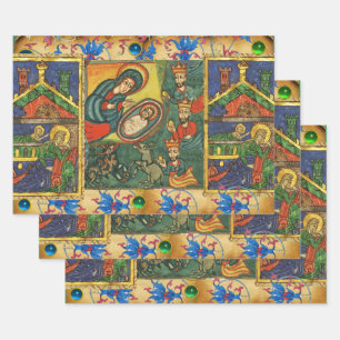 RED GREEN BLUE FLORAL NATIVITY CHRISTMAS PARCHMENT WRAPPING PAPER SHEETS