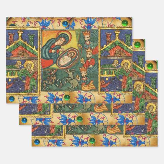 RED GREEN BLUE FLORAL NATIVITY CHRISTMAS PARCHMENT WRAPPING PAPER SHEETS (Set)