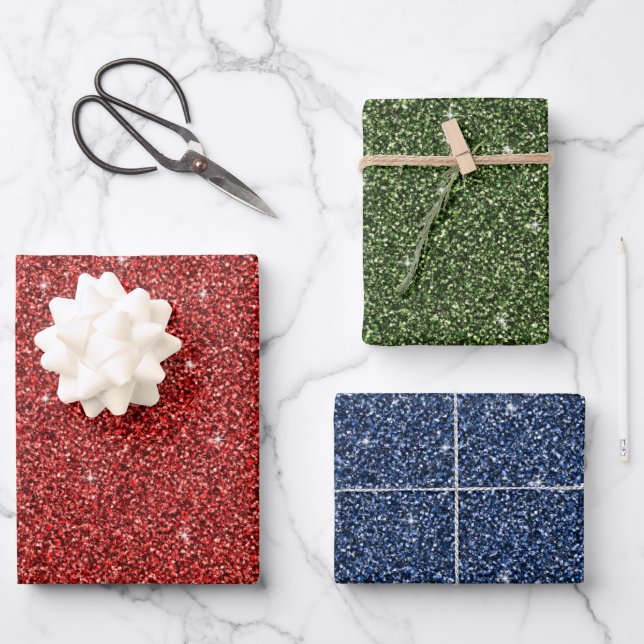Red Green Blue Glitter Holiday Christmas Trendy   Wrapping Paper Sheets (Front)