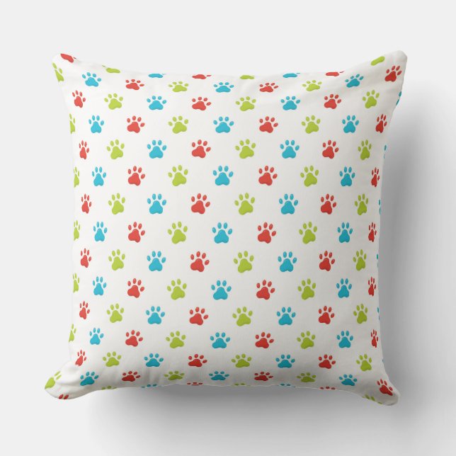 RED GREEN BLUE PAW PRINTS AND DOG BONES THROW PILLOW (Front)