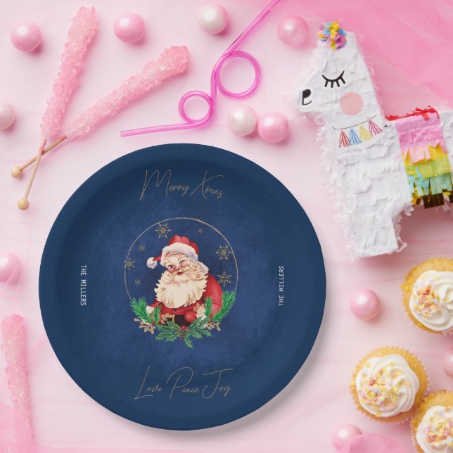 Red Green Blue Santa Claus Elegant Merry Christmas Paper Plates (Party)