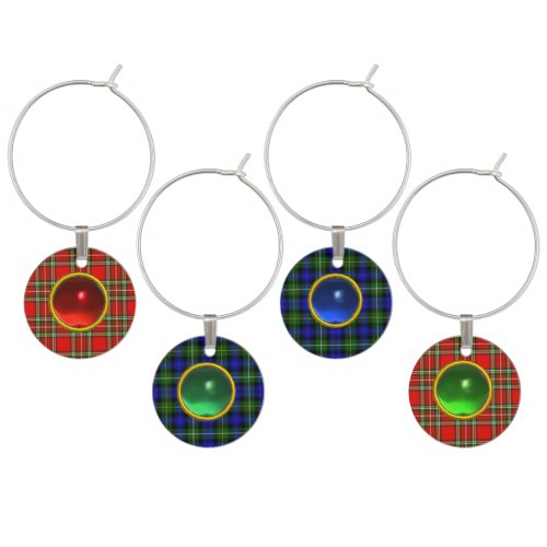 RED GREEN BLUE SCOTTISH TARTANS AND COLORFUL GEMS WINE GLASS CHARM