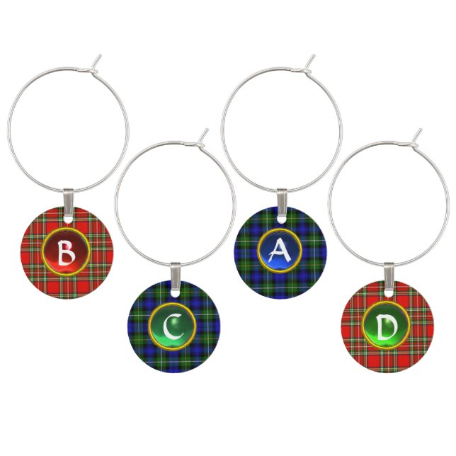 RED GREEN BLUE SCOTTISH TARTANS GEMSTONE MONOGRAM WINE GLASS CHARM (Staggered)