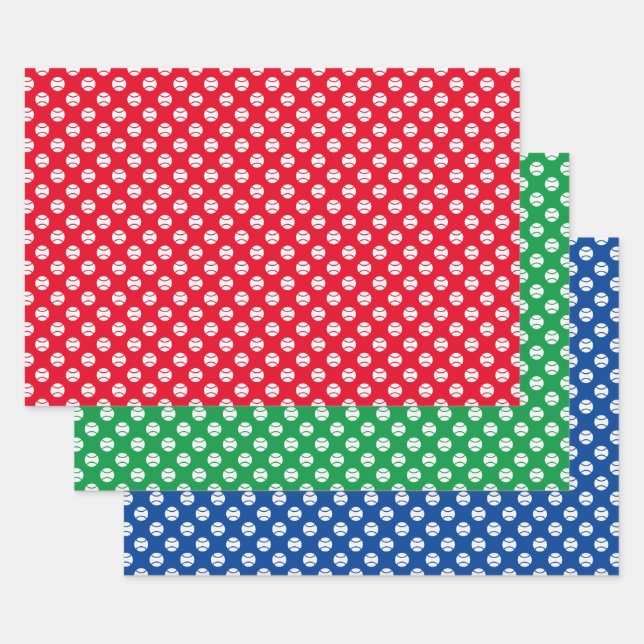 Red Green Blue Tennis ball pattern Birthday Wrapping Paper Sheets (Set)