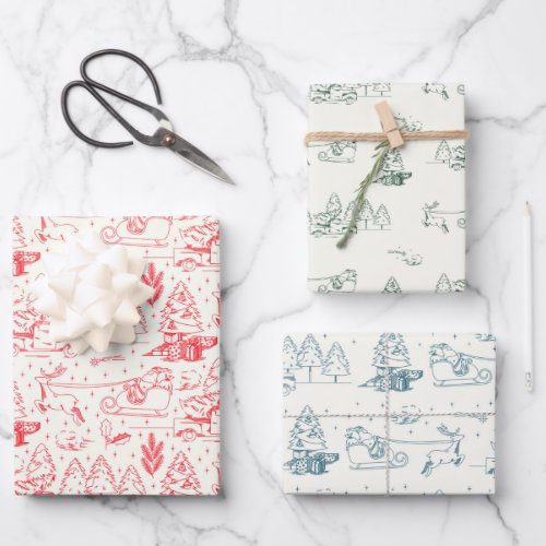 Red Green Blue Toile Christmas Pattern Holiday Wrapping Paper Sheets