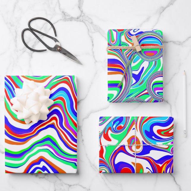 Red, Green, Blue, White Abstract squiggly Birthday Wrapping Paper Sheets (Front)