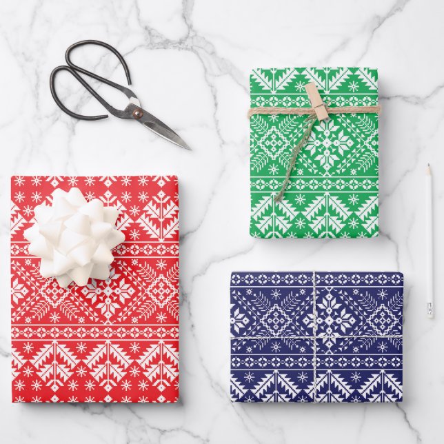 Red, Green & Blue Winter Fair Isle Christmas Wrapping Paper Sheets (Front)