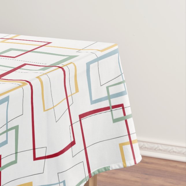 Red Green Blue Yellow Abstract Squares Mid Century Tablecloth (In Situ)