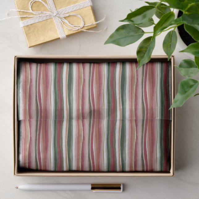 Red Green Blush White Gold Stripes Birthday Tissue Paper (Gift)