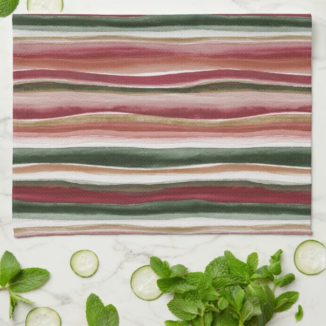 Red Green Blush White Stripes  Kitchen Towel (Folded)