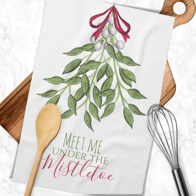 Red & Green Botanical Christmas Holiday Décor Kitchen Towel (Merry mistletoe custom kitchen towel.)