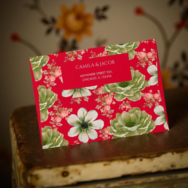 Red Green Botanical Floral Boho Holiday Elegant Envelope (Creator Uploaded)