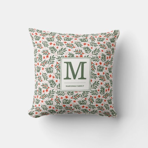 Red Green Botanical Holiday Monogram Name Throw Pillow