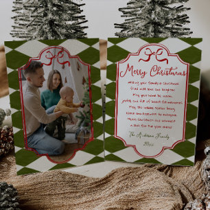 Red Green Bow Checkered Frame Photo Christmas Holiday Card