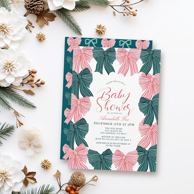 Red & Green Bow/Ribbon Coquette Baby Shower Invitation (Creator Uploaded)