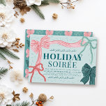 Red & Green Bows Green Christmas Holiday Soirée Invitation<br><div class="desc">Celebrate the season in style with this charming, coquette-inspired Christmas Holiday Soirée Party invitation, featuring hand-drawn bows, soft colors, and a romantic, ribbon-filled design. The front features four hand-drawn bows—one bold pink ribbon with red stripes, one green ribbon with navy stripes, plus two smaller accents in classic red and green....</div>